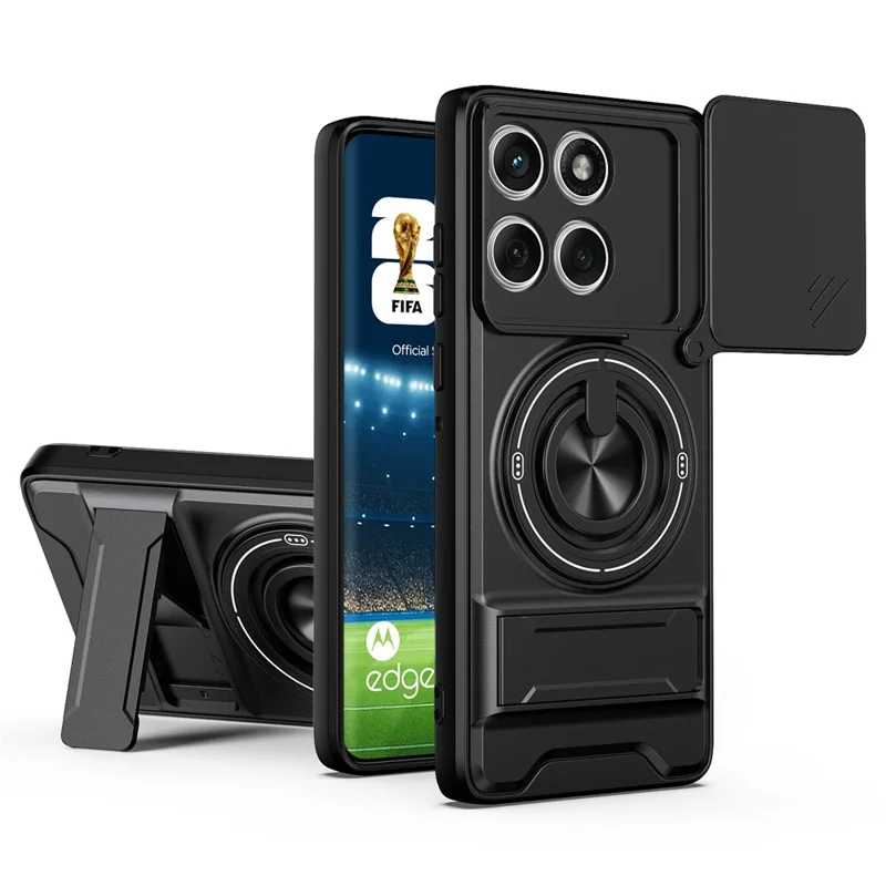 For Motorola Edge 60 Fusion 5G Magnetic Case Ring Holder Foldable Kickstand TPU PC Phone Cover with Camera Lens Slider  - Black