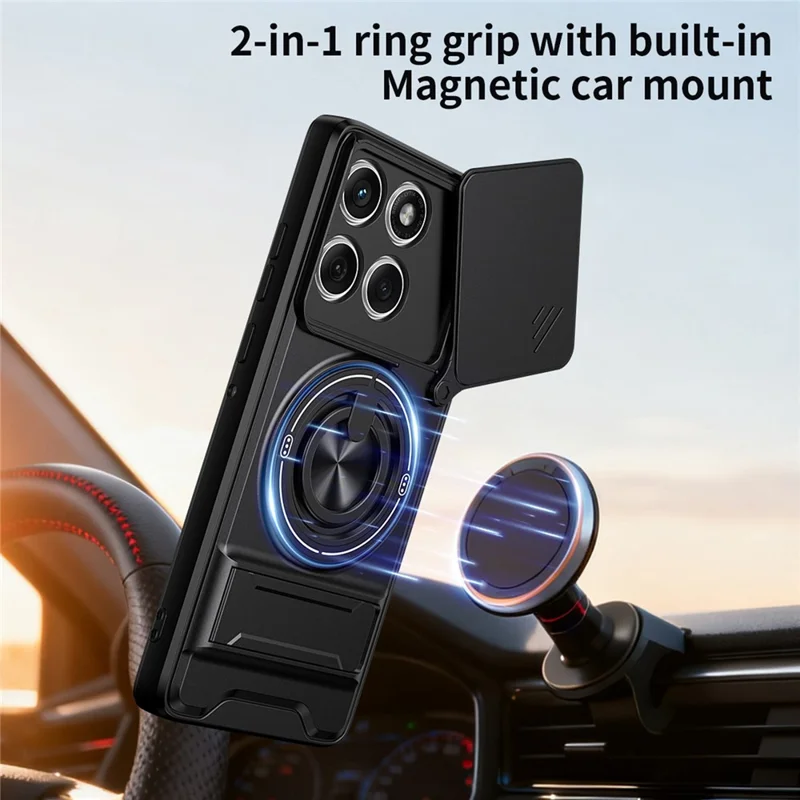For Motorola Edge 60 Fusion 5G Magnetic Case Ring Holder Foldable Kickstand TPU PC Phone Cover with Camera Lens Slider  - Black