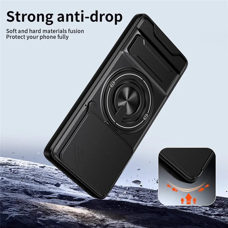 For Motorola Edge 60 Fusion 5G Magnetic Case Ring Holder Foldable Kickstand TPU PC Phone Cover with Camera Lens Slider  - Black