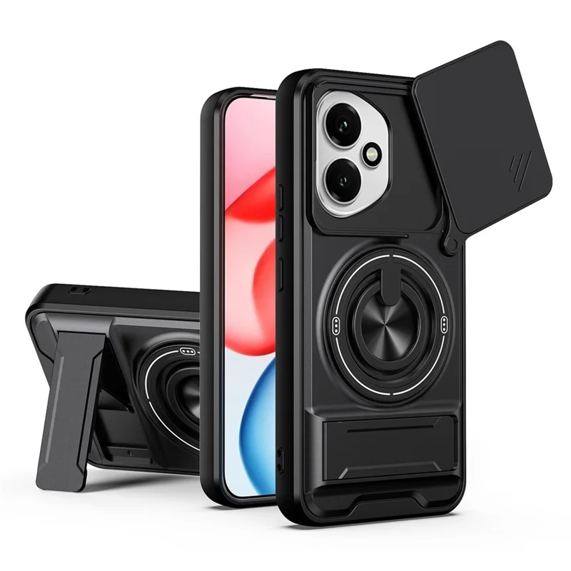 For Honor 400 5G (Global) Magnetic Case Ring Holder Foldable Kickstand TPU PC Phone Cover with Camera Lens Slider - Black