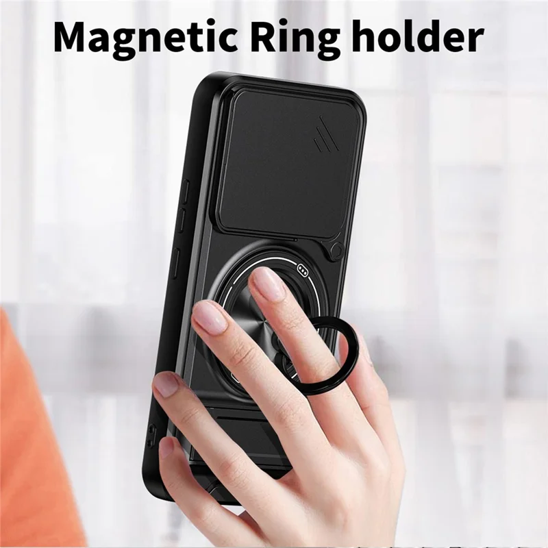 For Honor 400 5G (Global) Magnetic Case Ring Holder Foldable Kickstand TPU PC Phone Cover with Camera Lens Slider - Black