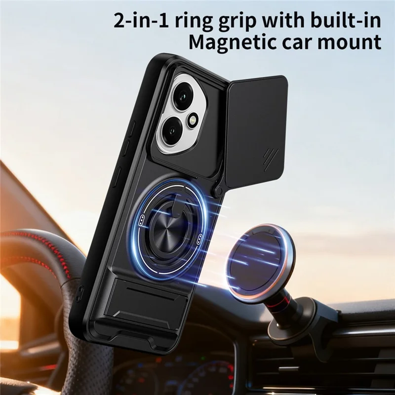 For Honor 400 5G (Global) Magnetic Case Ring Holder Foldable Kickstand TPU PC Phone Cover with Camera Lens Slider - Black