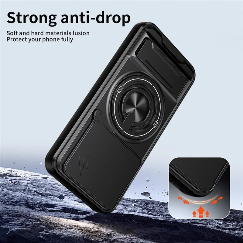 For Honor 400 5G (Global) Magnetic Case Ring Holder Foldable Kickstand TPU PC Phone Cover with Camera Lens Slider - Black