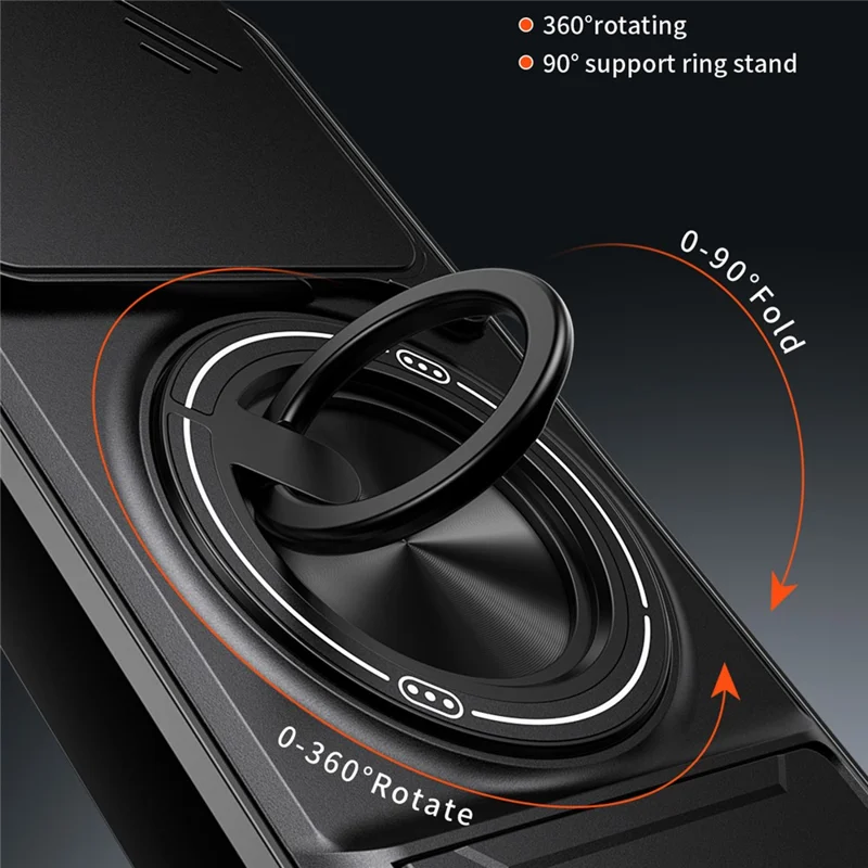 For Honor 400 5G (Global) Magnetic Case Ring Holder Foldable Kickstand TPU PC Phone Cover with Camera Lens Slider - Black