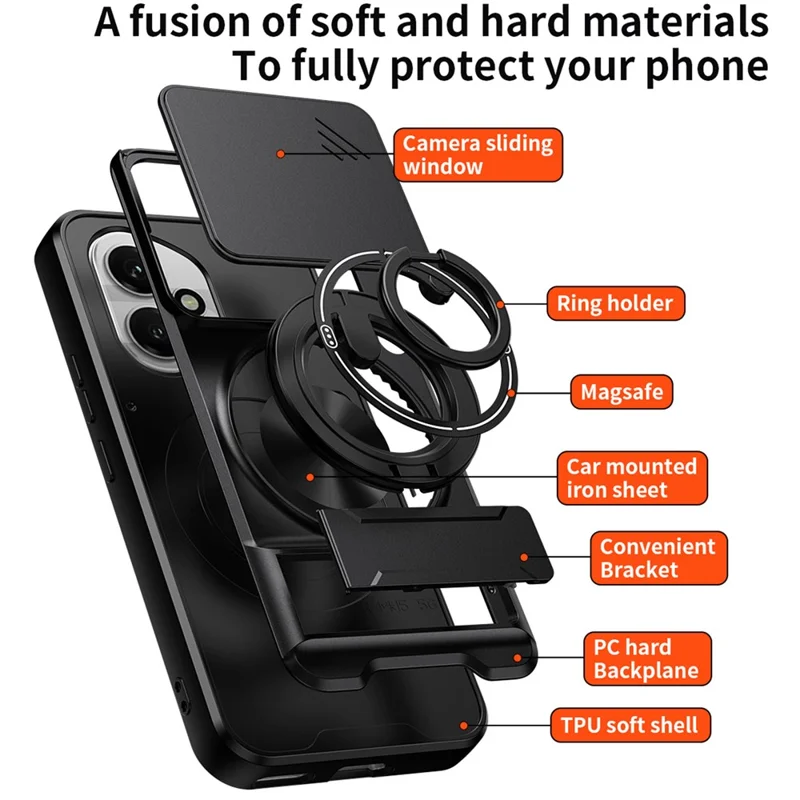 For Honor 400 5G (Global) Magnetic Case Ring Holder Foldable Kickstand TPU PC Phone Cover with Camera Lens Slider - Black