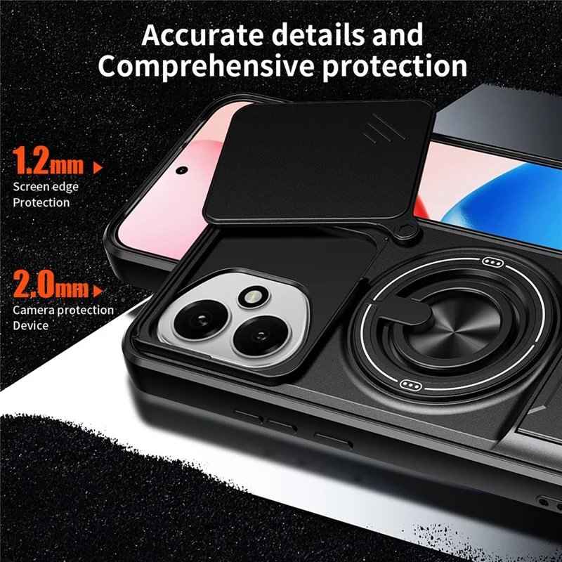For Honor 400 5G (Global) Magnetic Case Ring Holder Foldable Kickstand TPU PC Phone Cover with Camera Lens Slider - Black