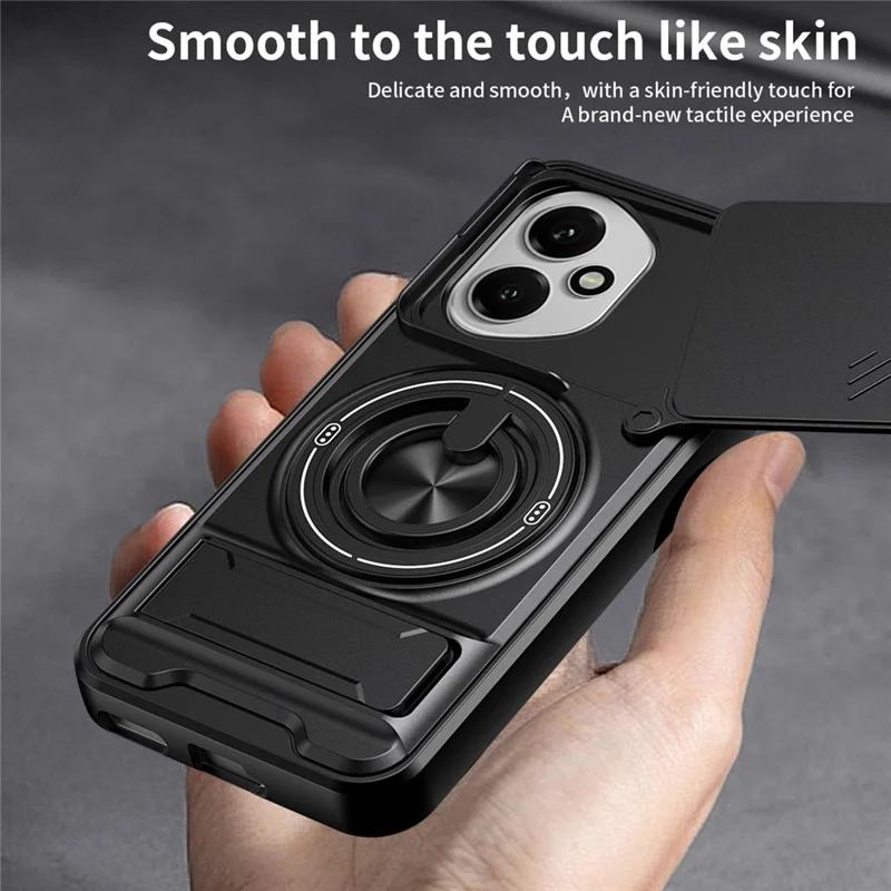 For Honor 400 5G (Global) Magnetic Case Ring Holder Foldable Kickstand TPU PC Phone Cover with Camera Lens Slider - Black