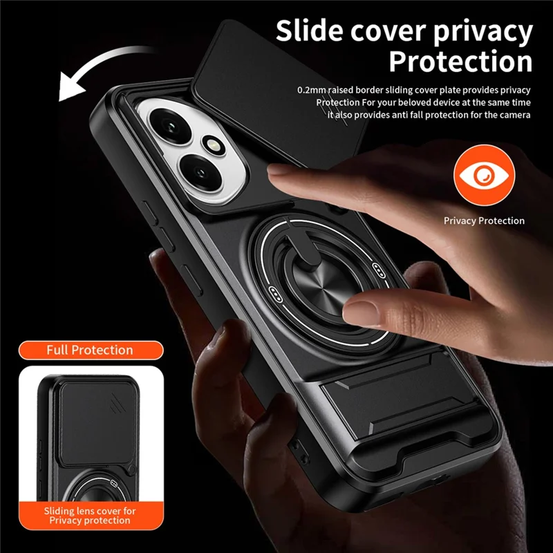 For Honor 400 5G (Global) Magnetic Case Ring Holder Foldable Kickstand TPU PC Phone Cover with Camera Lens Slider - Black