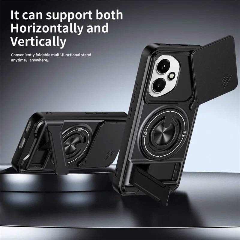For Honor 400 5G (Global) Magnetic Case Ring Holder Foldable Kickstand TPU PC Phone Cover with Camera Lens Slider - Black