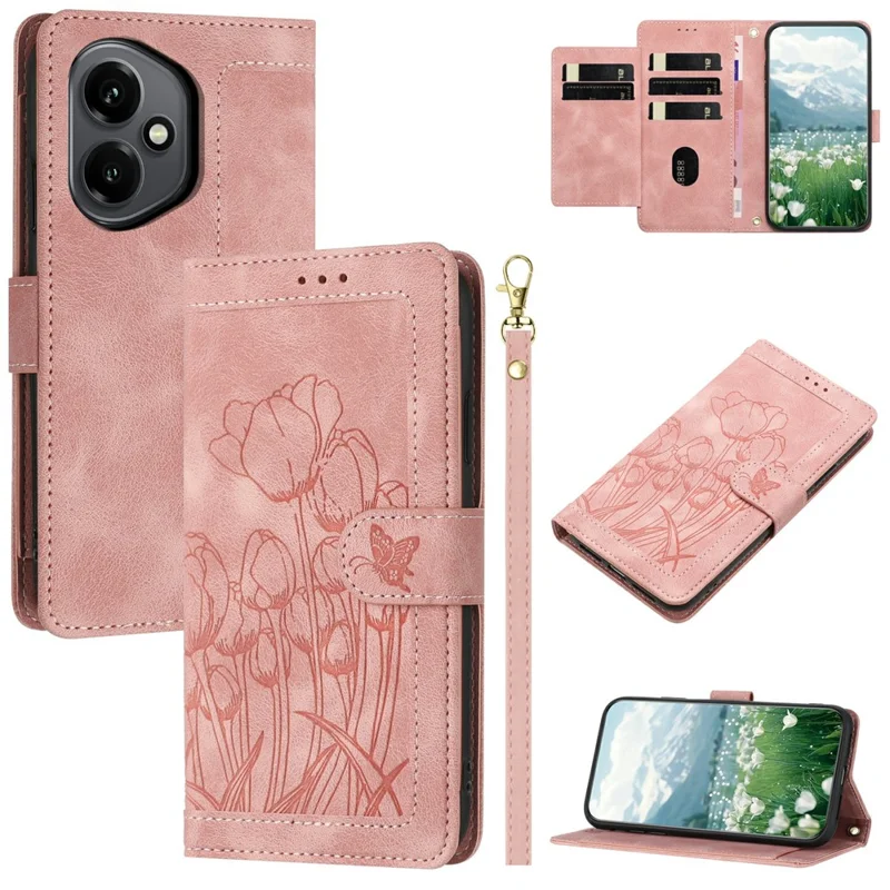 For Honor 400 5G (Global) Wallet Case with 5 Card Slot / Wrist Strap, Tulip Pattern Imprint Leather Phone Cover - Pink