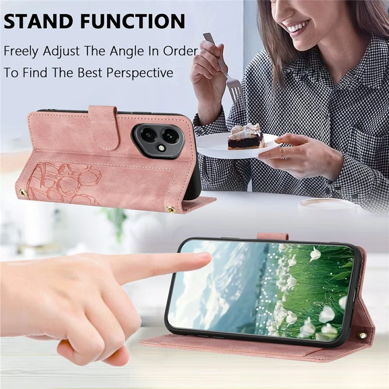 For Honor 400 5G (Global) Wallet Case with 5 Card Slot / Wrist Strap, Tulip Pattern Imprint Leather Phone Cover - Pink