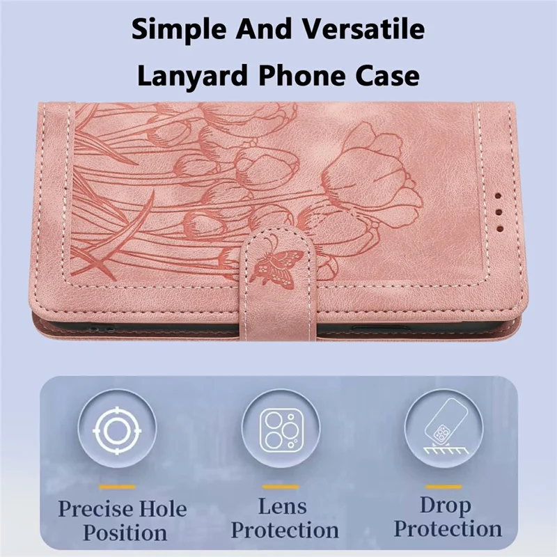 For Honor 400 5G (Global) Wallet Case with 5 Card Slot / Wrist Strap, Tulip Pattern Imprint Leather Phone Cover - Pink