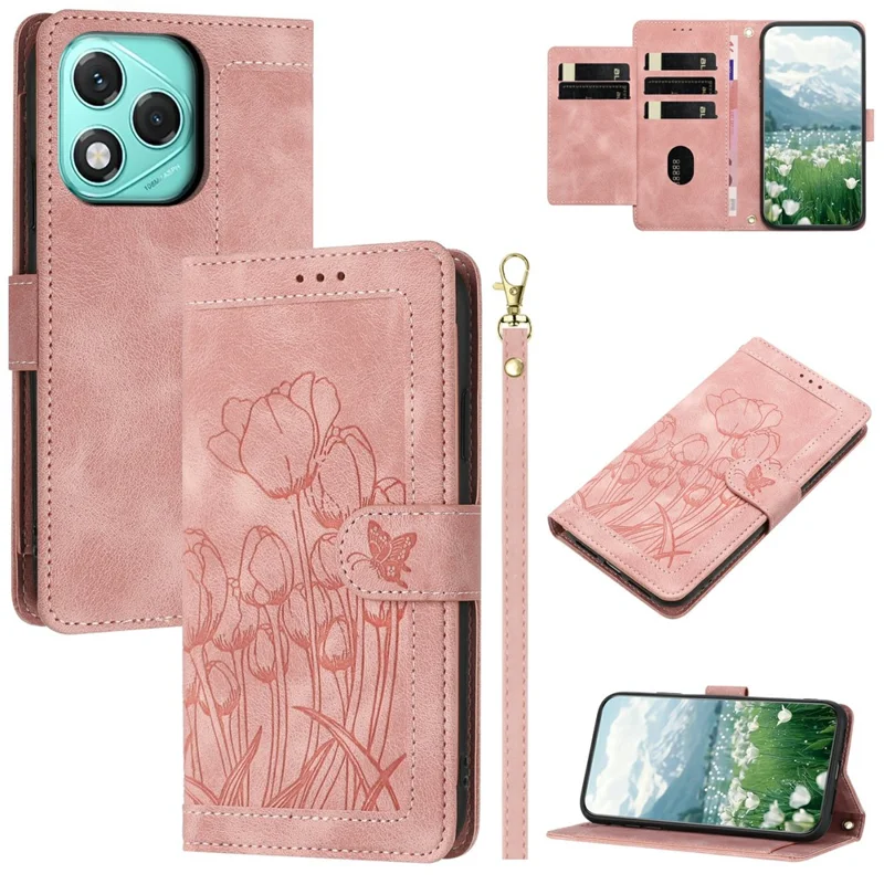 For Honor 400 Lite 5G Wallet Case with 5 Card Slot / Wrist Strap, Tulip Pattern Imprint Leather Phone Cover - Pink