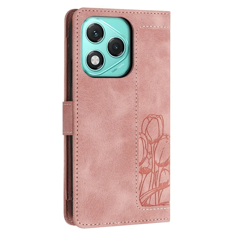 For Honor 400 Lite 5G Wallet Case with 5 Card Slot / Wrist Strap, Tulip Pattern Imprint Leather Phone Cover - Pink