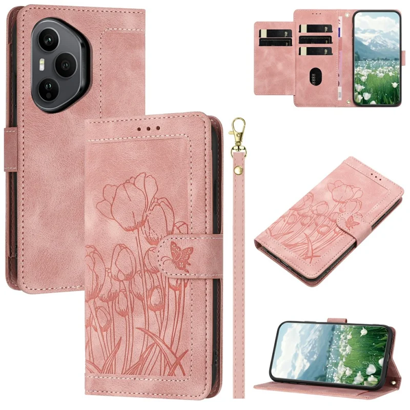 For Honor 400 Pro 5G (Global) Wallet Case with 5 Card Slot / Wrist Strap, Tulip Pattern Imprint Leather Phone Cover - Pink
