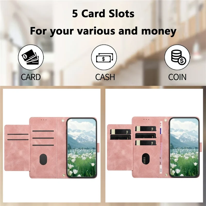 For Honor 400 Pro 5G (Global) Wallet Case with 5 Card Slot / Wrist Strap, Tulip Pattern Imprint Leather Phone Cover - Pink