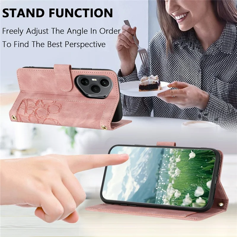 For Honor 400 Pro 5G (Global) Wallet Case with 5 Card Slot / Wrist Strap, Tulip Pattern Imprint Leather Phone Cover - Pink