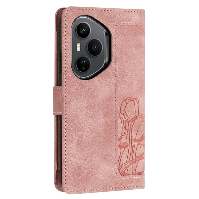 For Honor 400 Pro 5G (Global) Wallet Case with 5 Card Slot / Wrist Strap, Tulip Pattern Imprint Leather Phone Cover - Pink