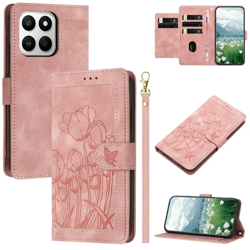 For Honor 400 Smart 5G Wallet Case with 5 Card Slot / Wrist Strap, Tulip Pattern Imprint Leather Phone Cover - Pink