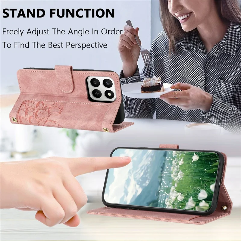 For Honor 400 Smart 5G Wallet Case with 5 Card Slot / Wrist Strap, Tulip Pattern Imprint Leather Phone Cover - Pink