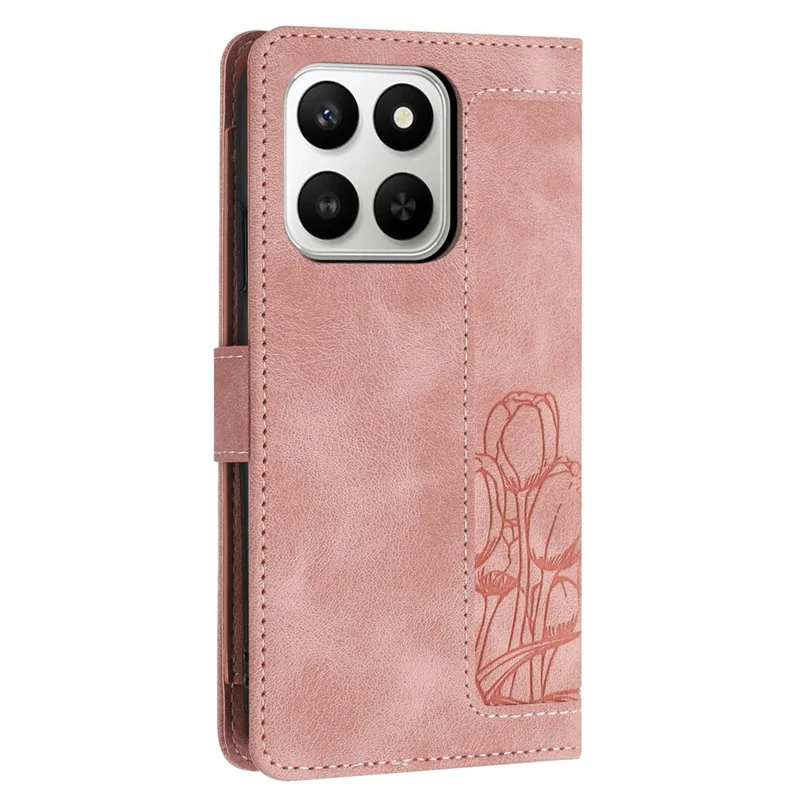 For Honor 400 Smart 5G Wallet Case with 5 Card Slot / Wrist Strap, Tulip Pattern Imprint Leather Phone Cover - Pink