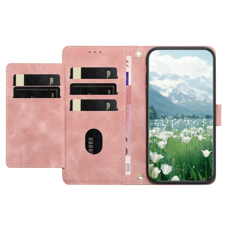 For Honor 400 Smart 5G Wallet Case with 5 Card Slot / Wrist Strap, Tulip Pattern Imprint Leather Phone Cover - Pink