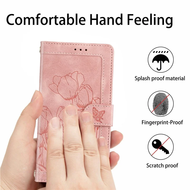For Honor 400 Smart 5G Wallet Case with 5 Card Slot / Wrist Strap, Tulip Pattern Imprint Leather Phone Cover - Pink