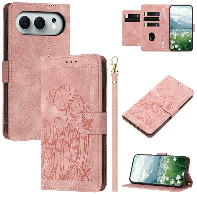 For Honor 500 5G / 500 Pro 5G Wallet Case with 5 Card Slot / Wrist Strap, Tulip Pattern Imprint Leather Phone Cover - Pink