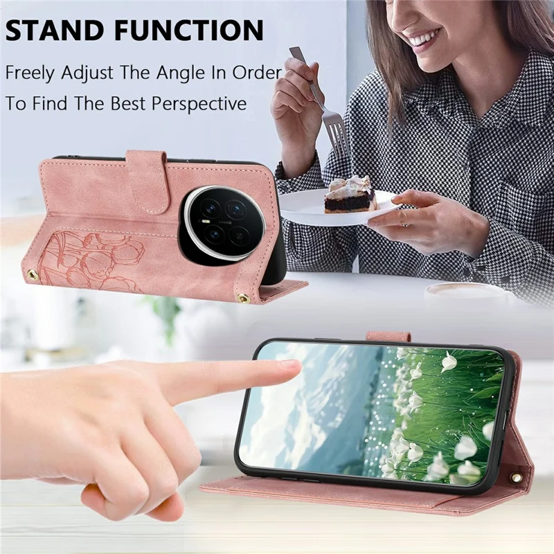 For Honor Magic8 5G Wallet Case with 5 Card Slot / Wrist Strap, Tulip Pattern Imprint Leather Phone Cover - Pink