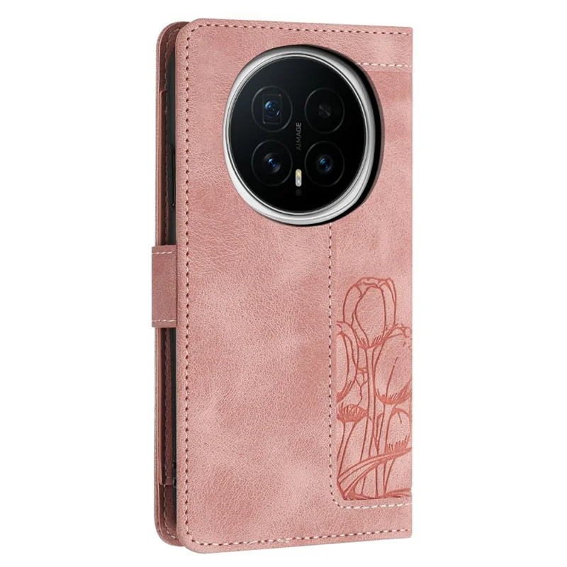 For Honor Magic8 5G Wallet Case with 5 Card Slot / Wrist Strap, Tulip Pattern Imprint Leather Phone Cover - Pink