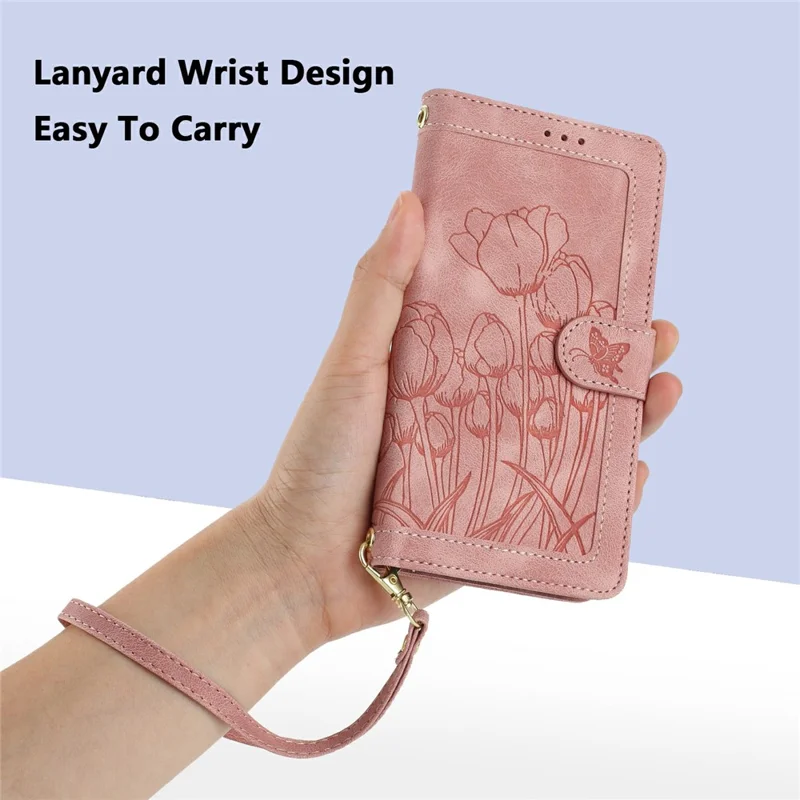 For Honor X60 Pro 5G / X9c 5G / Magic7 Lite 5G Wallet Case with 5 Card Slot / Wrist Strap, Tulip Pattern Imprint Leather Phone Cover - Pink