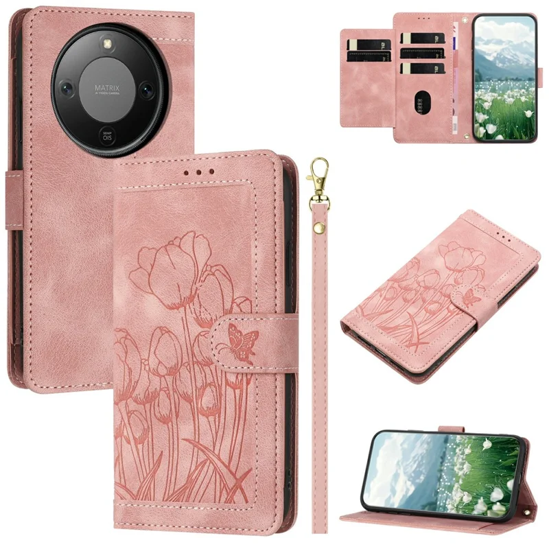 For Honor X70 5G / X9d 5G Wallet Case with 5 Card Slot / Wrist Strap, Tulip Pattern Imprint Leather Phone Cover - Pink