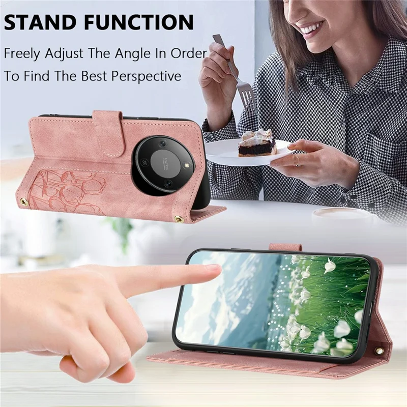 For Honor X70 5G / X9d 5G Wallet Case with 5 Card Slot / Wrist Strap, Tulip Pattern Imprint Leather Phone Cover - Pink