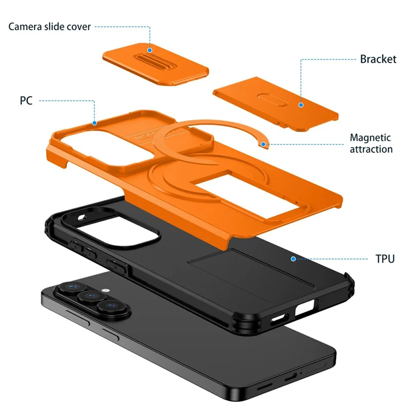 For Samsung Galaxy S26 / S26 Pro Magnetic Case Kickstand Camera Slider PC + TPU Phone Cover - Orange