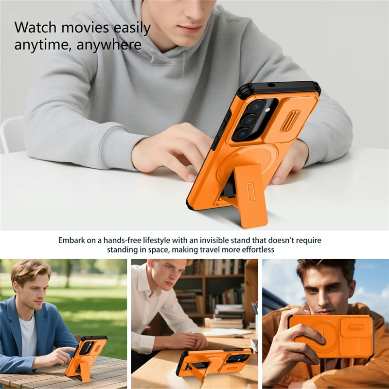 For Samsung Galaxy S26 / S26 Pro Magnetic Case Kickstand Camera Slider PC + TPU Phone Cover - Orange