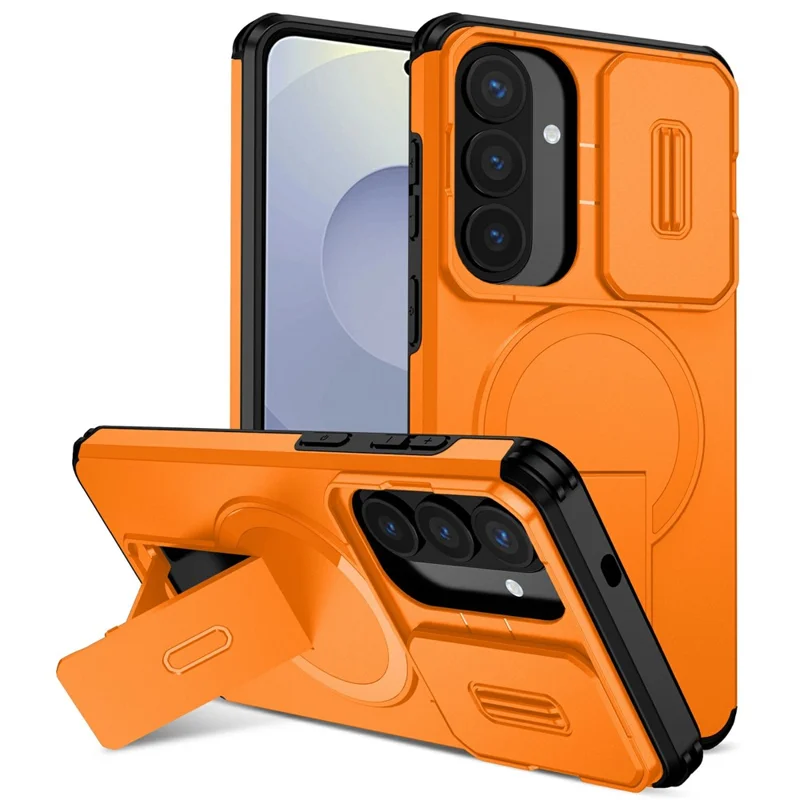 For Samsung Galaxy S26+ Magnetic Case Kickstand Camera Slider PC + TPU Phone Cover - Orange