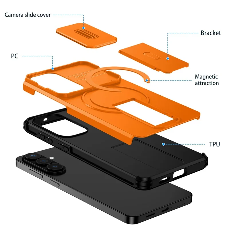 For Samsung Galaxy S26+ Magnetic Case Kickstand Camera Slider PC + TPU Phone Cover - Orange