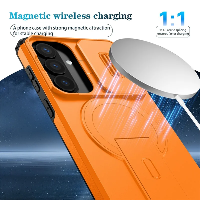For Samsung Galaxy S26+ Magnetic Case Kickstand Camera Slider PC + TPU Phone Cover - Orange