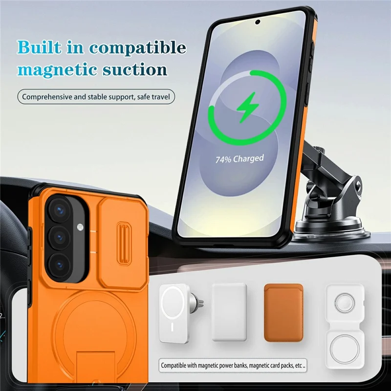 For Samsung Galaxy S26+ Magnetic Case Kickstand Camera Slider PC + TPU Phone Cover - Orange
