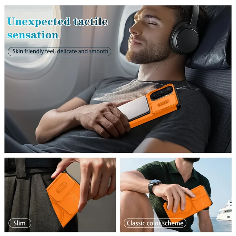 For Samsung Galaxy S26+ Magnetic Case Kickstand Camera Slider PC + TPU Phone Cover - Orange