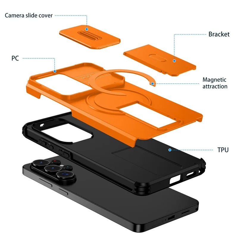 For Samsung Galaxy S26 Ultra Magnetic Case Kickstand Camera Slider PC + TPU Phone Cover - Orange