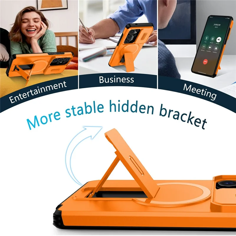 For Samsung Galaxy S26 Ultra Magnetic Case Kickstand Camera Slider PC + TPU Phone Cover - Orange