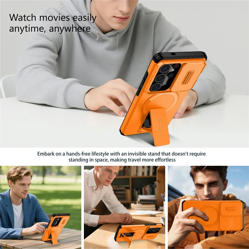 For Samsung Galaxy S26 Ultra Magnetic Case Kickstand Camera Slider PC + TPU Phone Cover - Orange