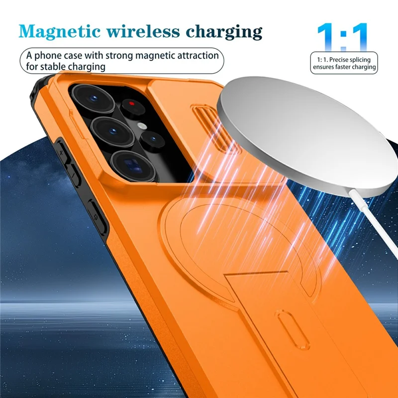 For Samsung Galaxy S26 Ultra Magnetic Case Kickstand Camera Slider PC + TPU Phone Cover - Orange