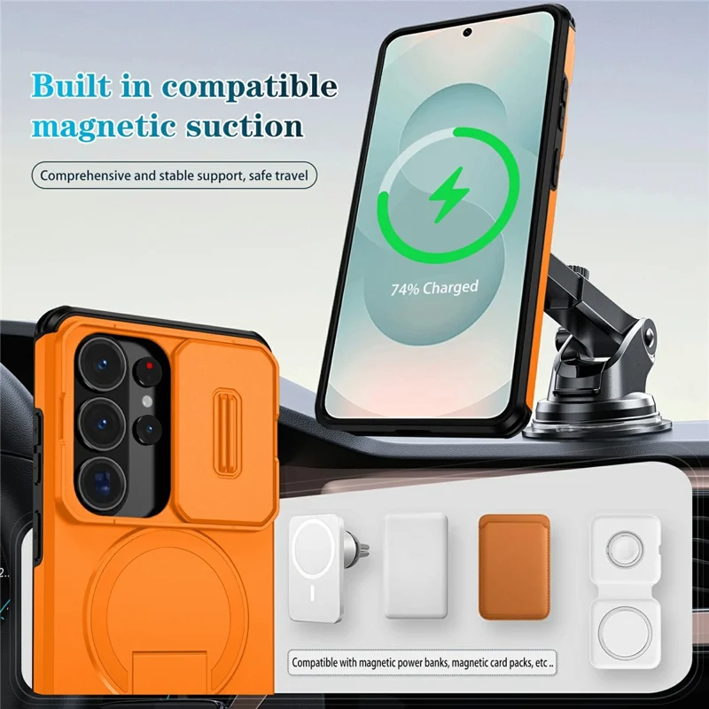 For Samsung Galaxy S26 Ultra Magnetic Case Kickstand Camera Slider PC + TPU Phone Cover - Orange