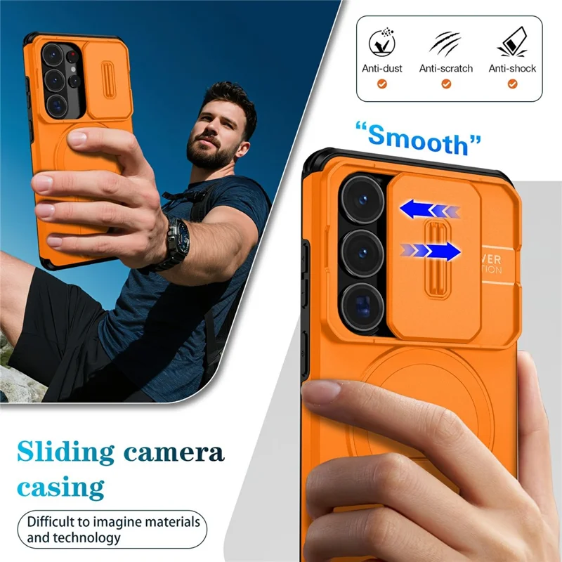 For Samsung Galaxy S26 Ultra Magnetic Case Kickstand Camera Slider PC + TPU Phone Cover - Orange