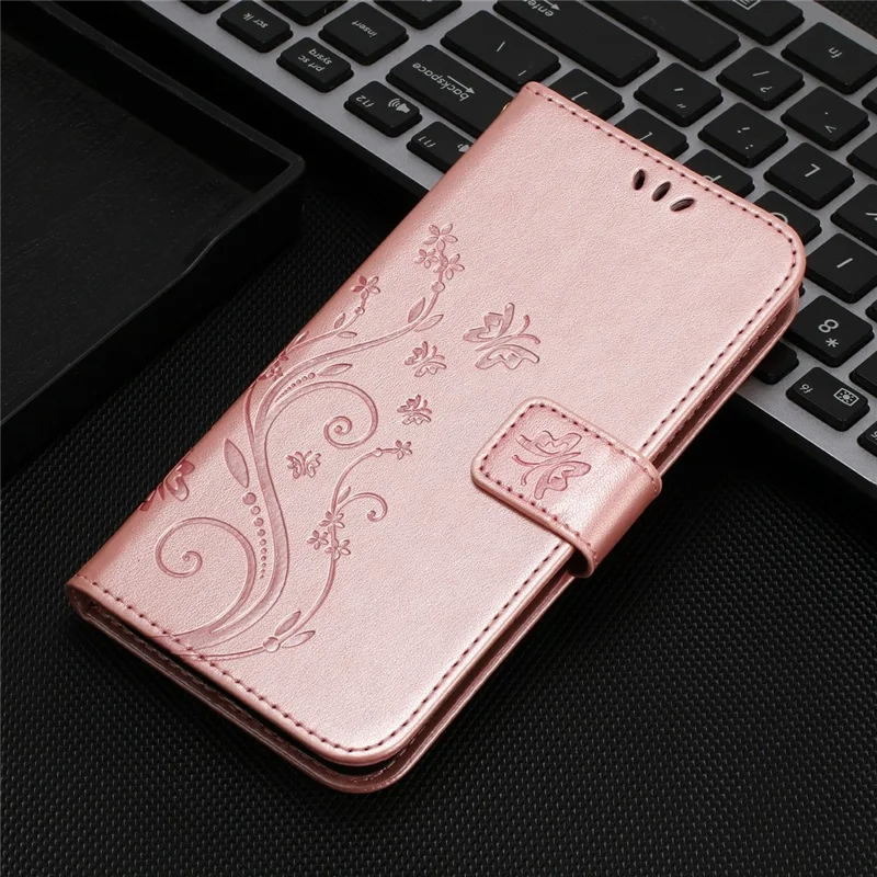 For Xiaomi Redmi Note 15 Pro 4G (Global) Leather Wallet Case Butterfly Flower Imprinted Phone Cover with Strap - Rose Gold