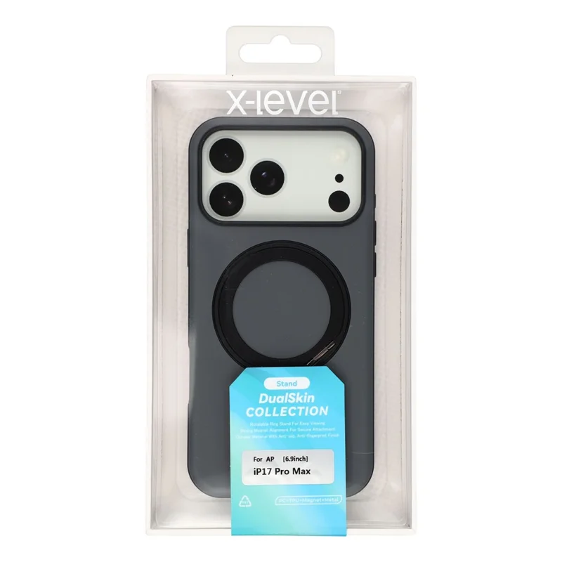 X-LEVEL For iPhone 17 Pro Max Magnetic Case Dual Color Skin Feel Rotating Kickstand PC + TPU Phone Cover - Black