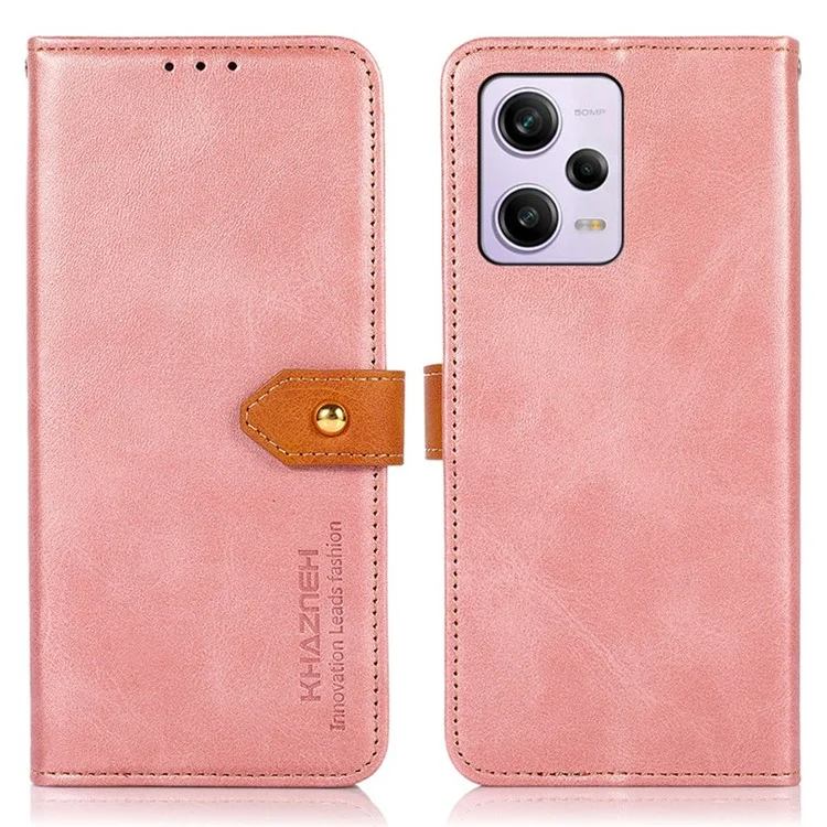 KHAZNEH Pour Xiaomi Redmi Note 12 Pro+ 5G / Note 12 Explorer 5G Cowhide Texture PU Leather Case Gold Buckle Folio Flip Phone Cover with Stand Wallet - Rose Gold