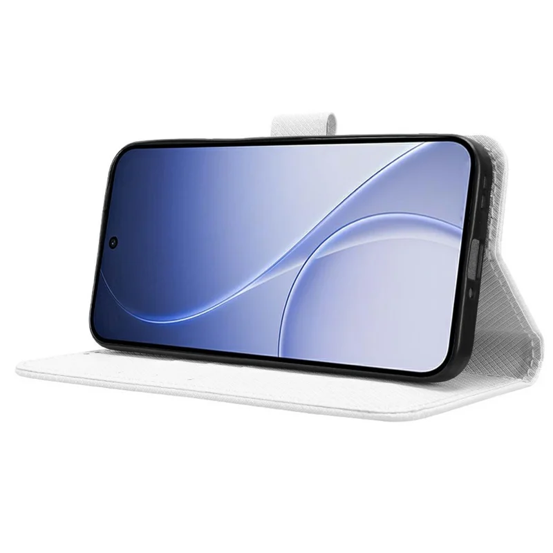 Leather Wallet Case For Oppo Reno15c 5G  /  Reno15 5G with Strap Diamond Texture Phone Cover - White